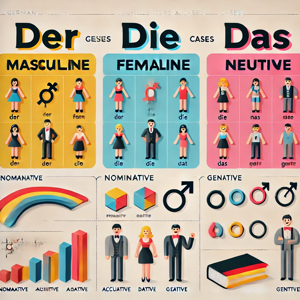 DALL·E 2025-03-23 20.22.06 – A visually engaging infographic illustrating German noun genders and cases. The image features a table with three columns representing masculine (der)